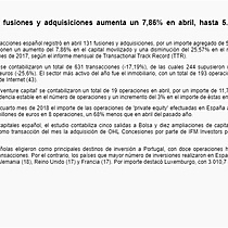 El importe de fusiones y adquisiciones aumenta un 7,86% en abril, hasta 5.080 millones de euros